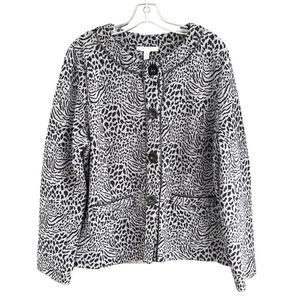 Vintage Black Gray Animal Cat Cheetah Leopard Print Cardigan Sweater Size Large
